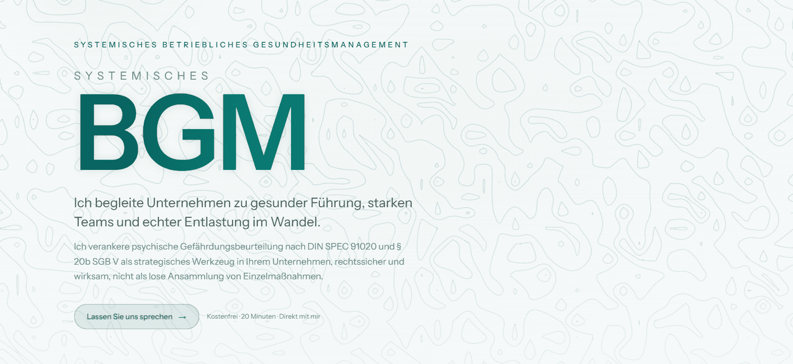 Startseite der Webseite Systemisches BGM mit großer Typografie und Kontaktschaltfläche